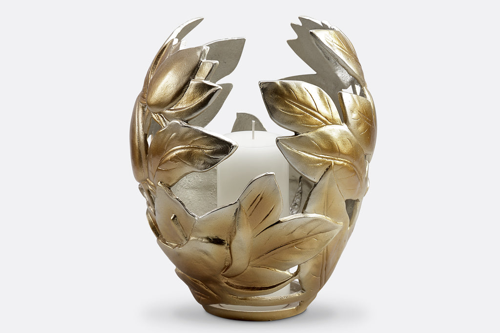 golden floral candle holder, large, holds pillar candles of 3"DIA - motif of magnolia blossoms