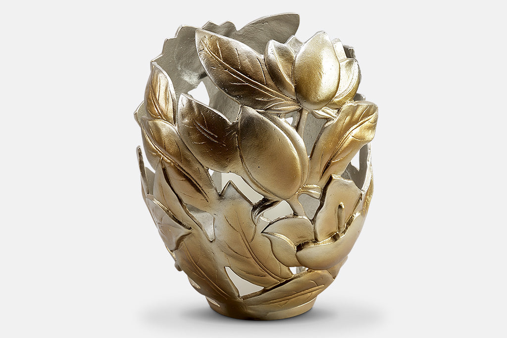 golden floral candle holder, large, holds pillar candles of 3"DIA - motif of magnolia blossoms