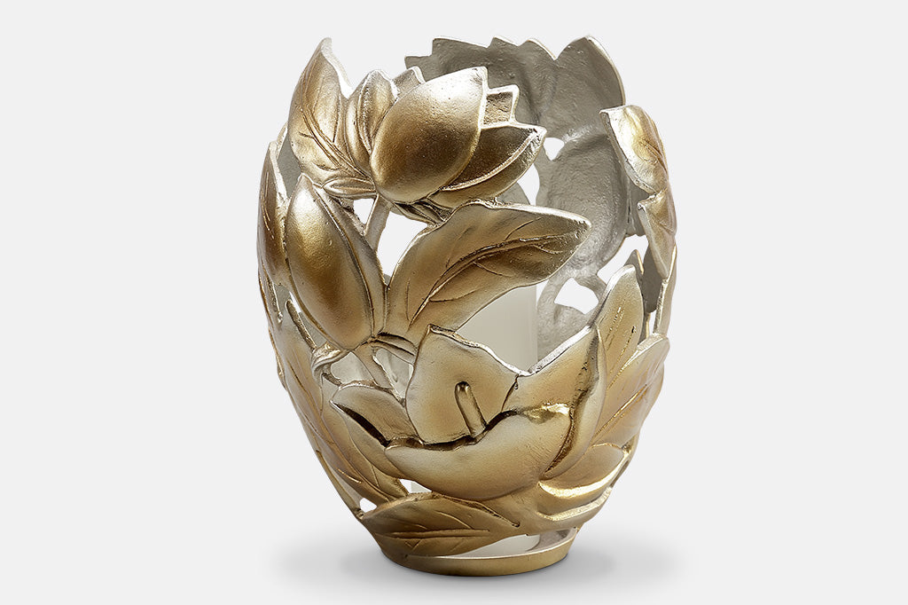 golden floral candle holder, large, holds pillar candles of 3"DIA - motif of magnolia blossoms
