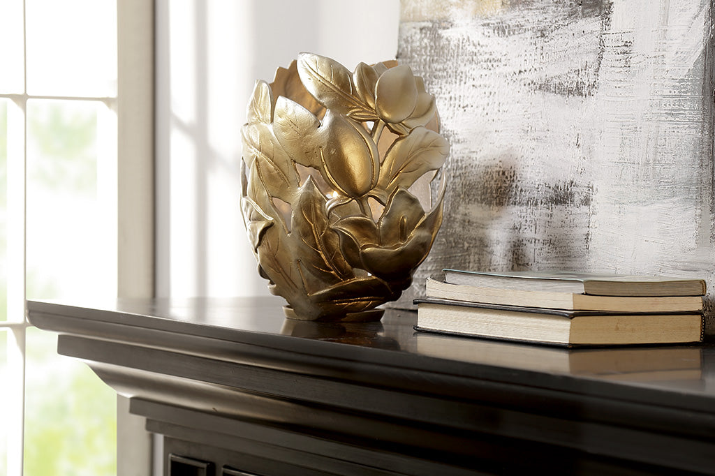 golden floral candle holder, large, holds pillar candles of 3"DIA - motif of magnolia blossoms