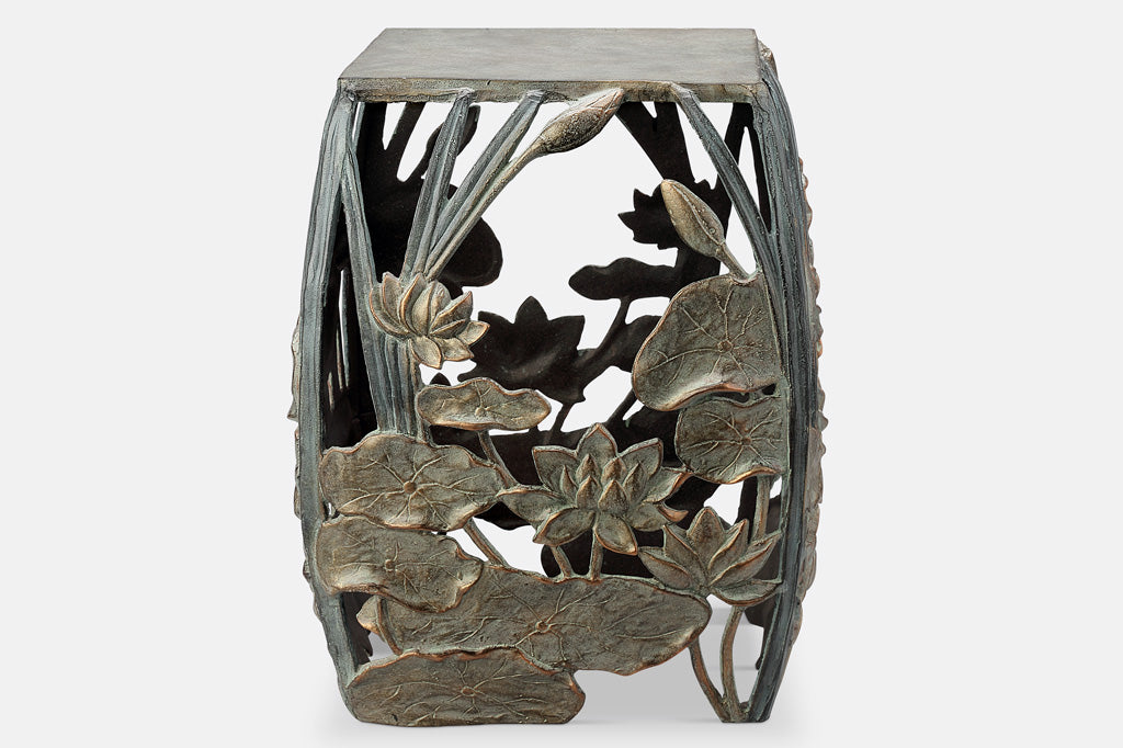 Facing front lotus and lilies cast metal stool