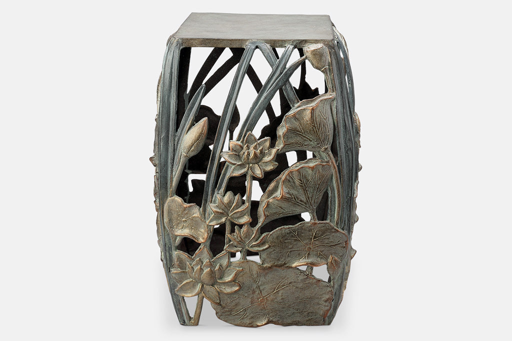cast metal lotus flowers and cattails squared garden stool, floral design on all four panels of stool
