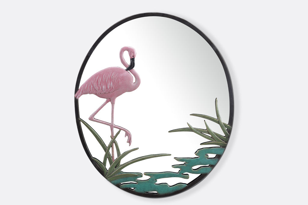 cast metal mirror pink flamingo