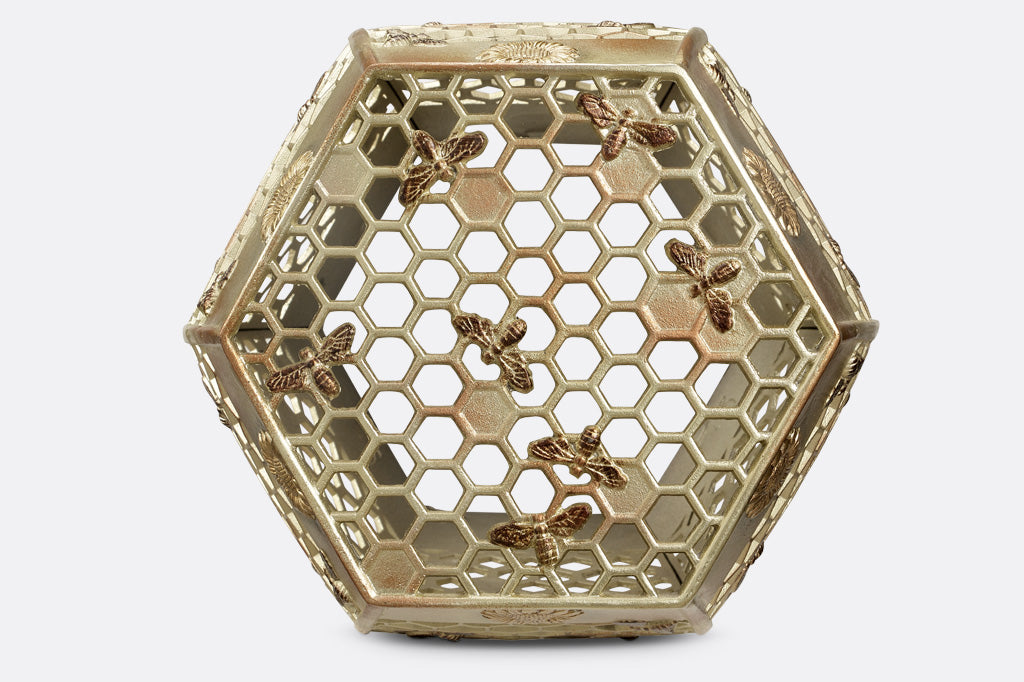 6 sided golden garden stool features honeycomb design with golden bees and sunflower medallions - top view