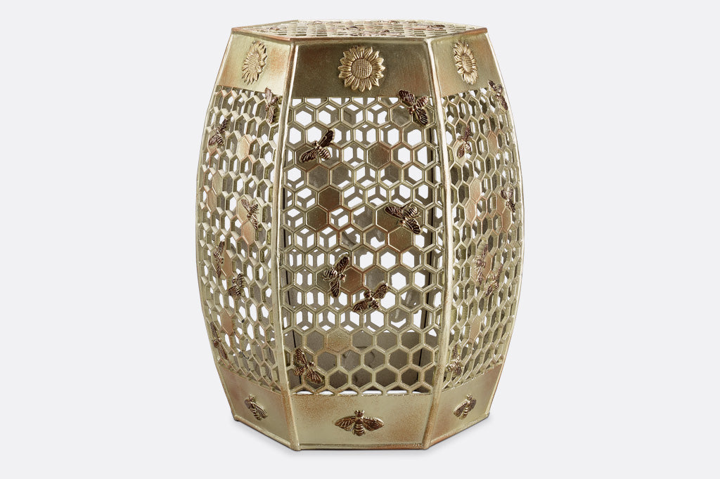 6 sided golden garden stool features honeycomb design with golden bees and sunflower medallions