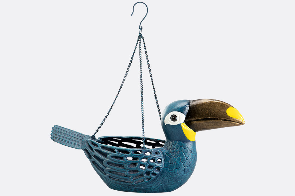 Cast metal toucan hanging planter, blue toucan with gold and yellow beak.