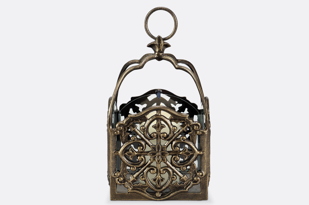 italianate fretwork hanging lantern box with 1 pillar candle - view shows the glass panes