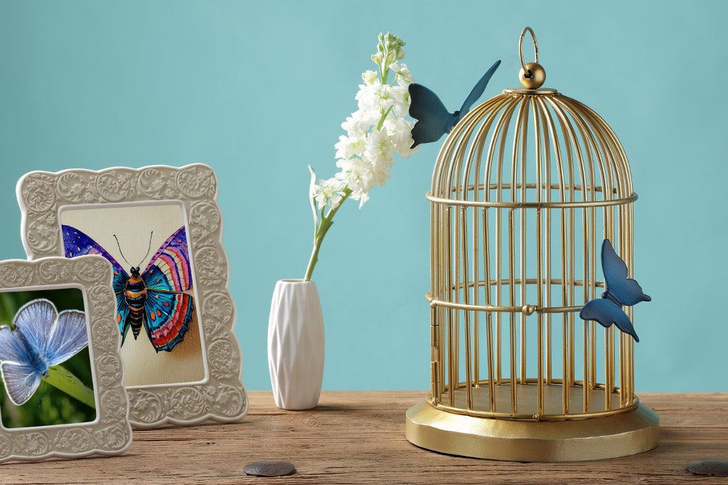 Butterflies of blue are sculpted onto a golden bird cage style plant or candle holder; shown in room near picture frames holding butterflies and a vase with white flowers