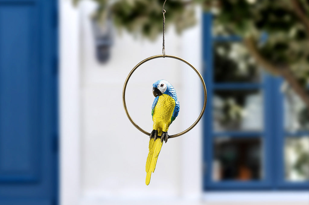 Yellow and blue parrot sculpture on hoop shown outside