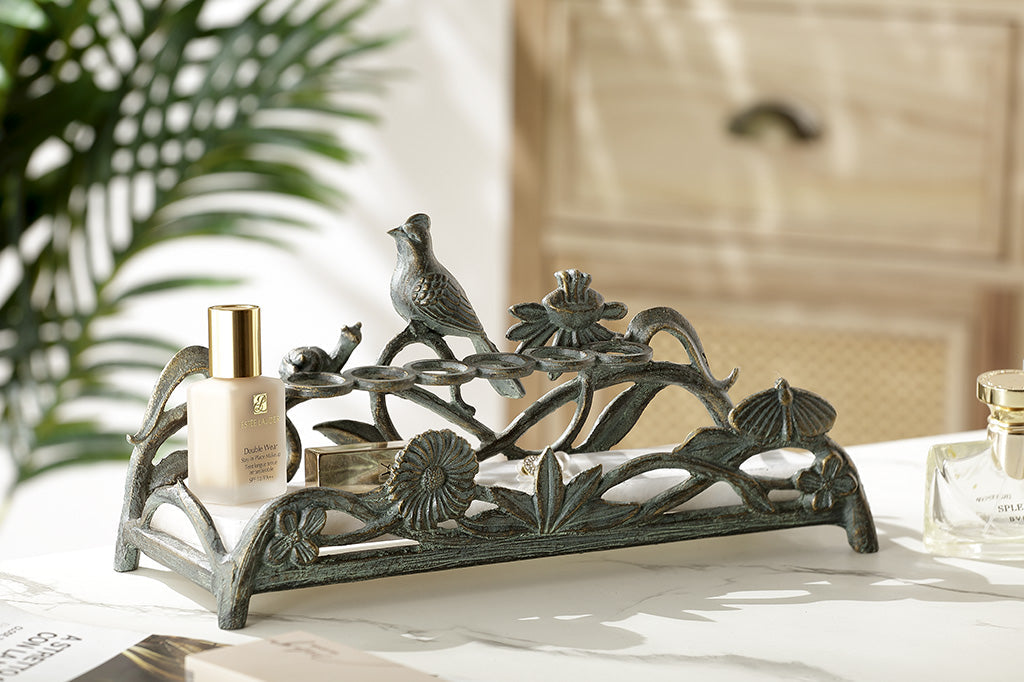 metal vanity tray displayed with makeup and jewelry set atop vanity counter  