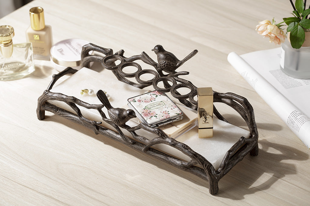 Cast Aluminum vanity tray with 2 birds and white marble base 