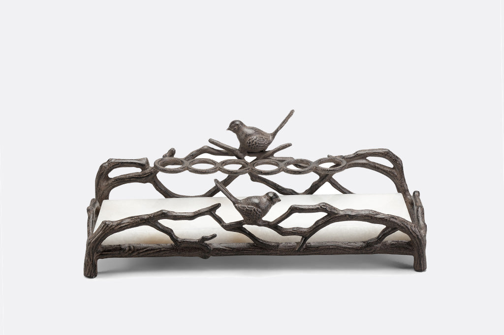 Cast Aluminum vanity tray with 2 birds and white marble base