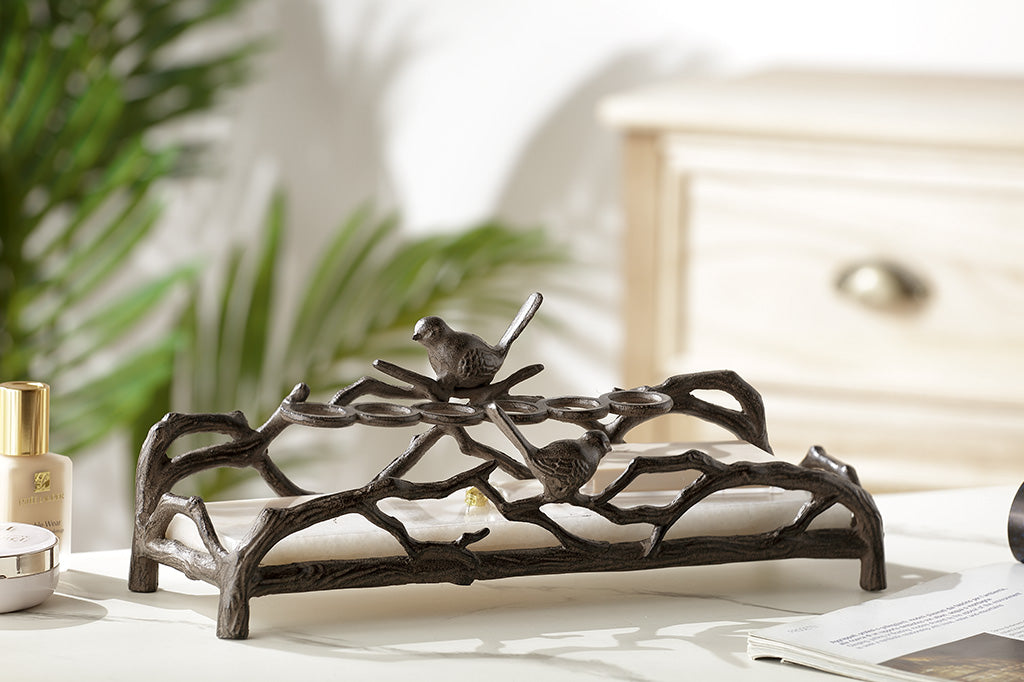 Cast Aluminum vanity tray with 2 birds and white marble base