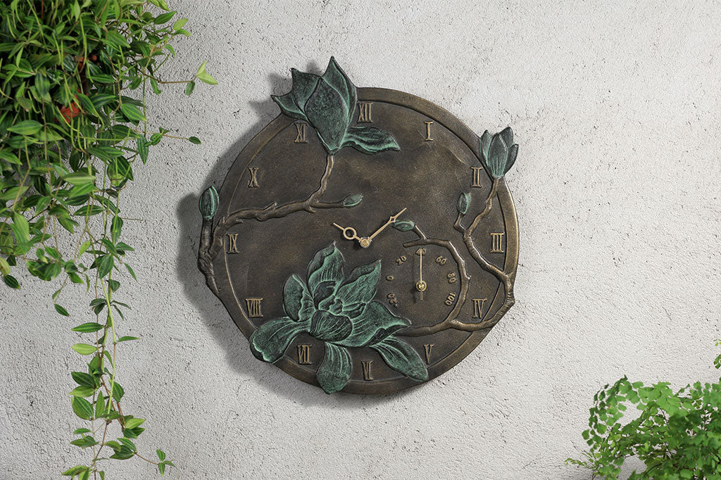 cast metal garden wall clock and thermometer