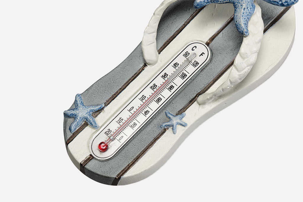 Coastal style Flip Flop Thermometer with blue and white stripes and 3 seastar accents #color_stripe