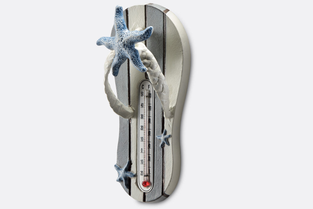 Coastal style Flip Flop Thermometer with blue and white stripes and 3 seastar accents #color_stripe