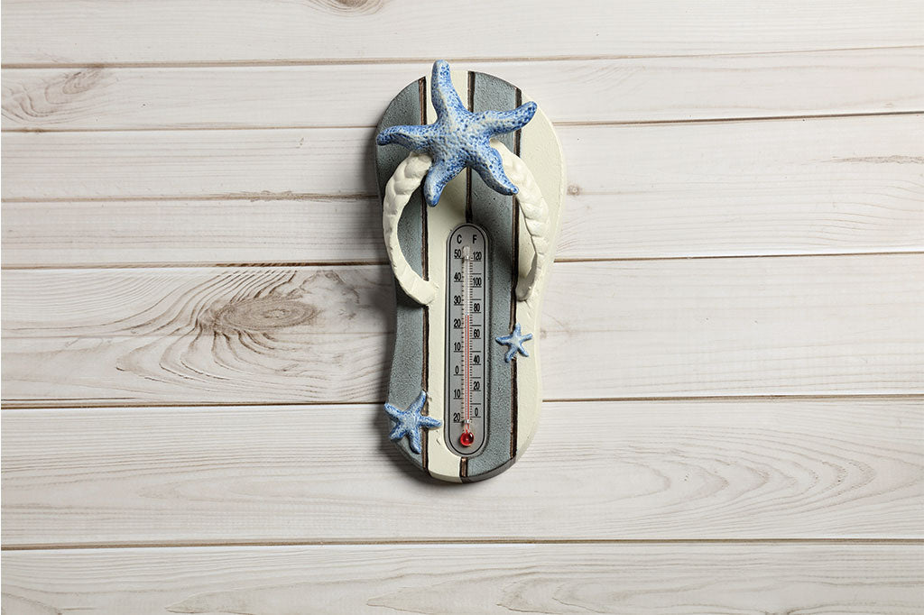 Coastal style Flip Flop Thermometer with blue and white stripes and 3 seastar accents