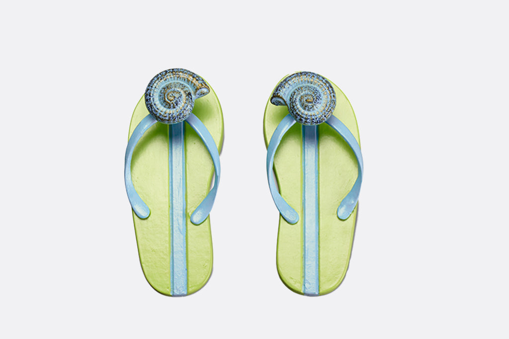 Striped Flip Flop pair with whorl shell is a pair of wall hooks in soft green and blue #color_aquamarine