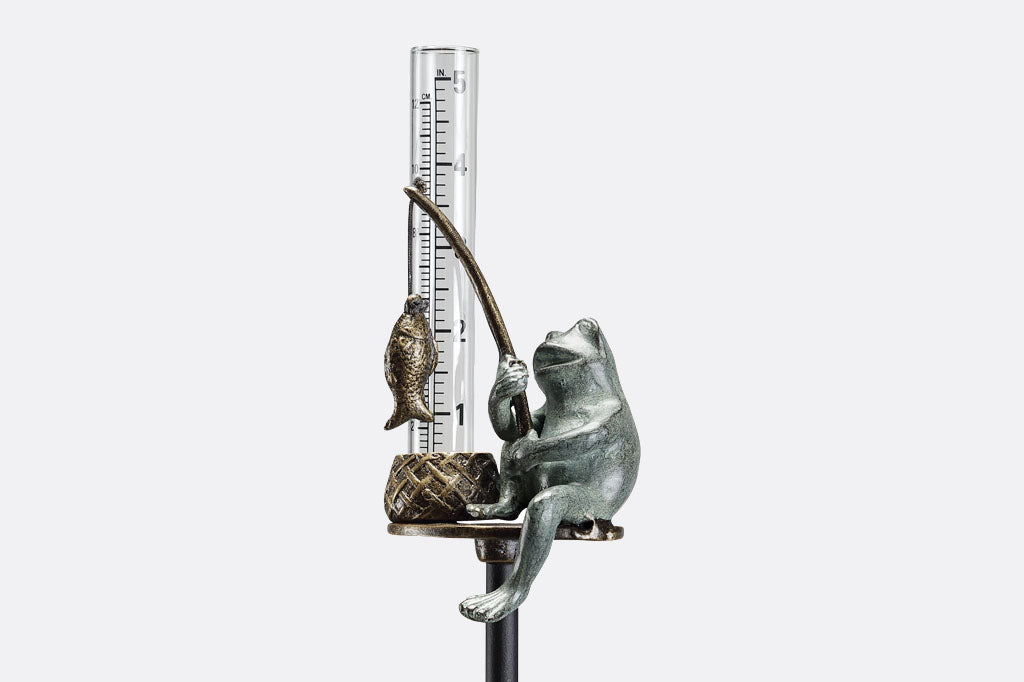 rain catcher with 5" collection tube and sculpted frog holding a fishing pole