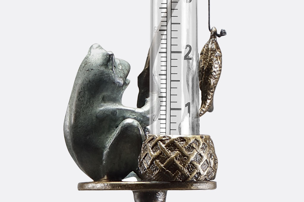 rain catcher with 5" collection tube and sculpted frog holding a fishing pole