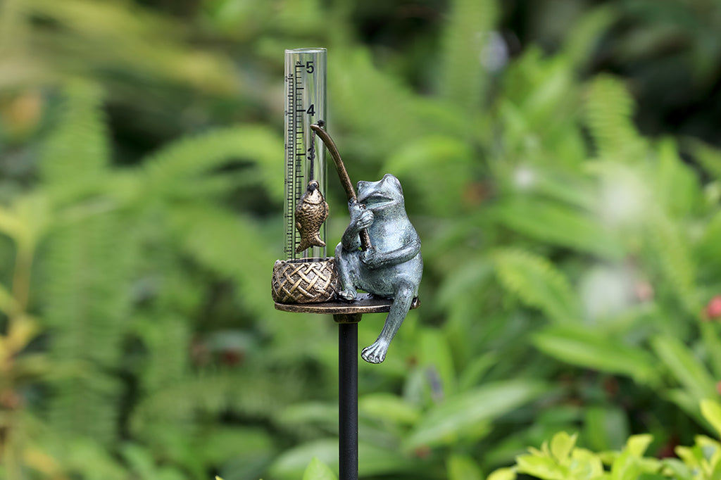 rain catcher with 5" collection tube and sculpted frog holding a fishing pole