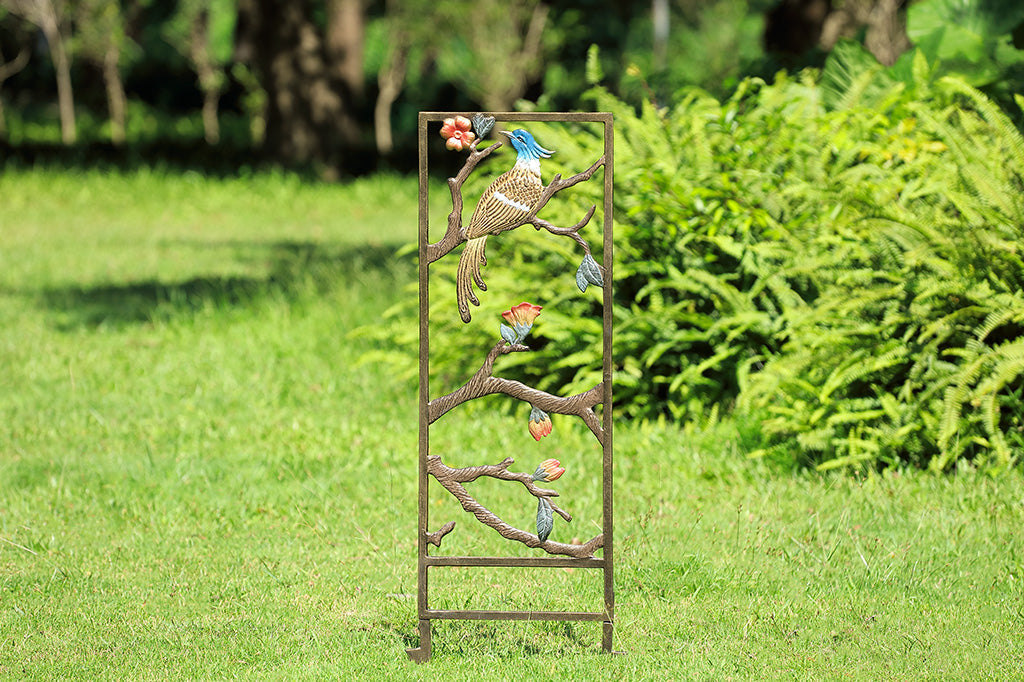 Asian Tapestry Trellis Small shown in garden setting with grass and ferns