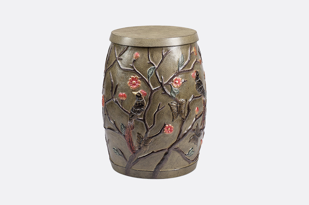 Chinoiserie style garden stool with removable lid shown with lid on