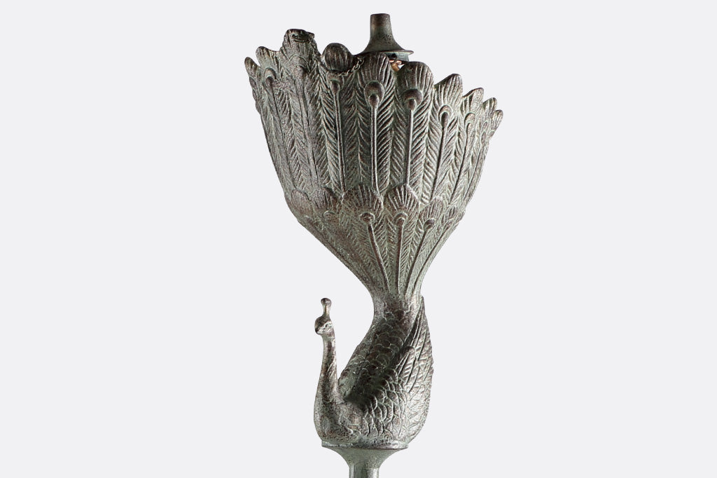 Peacock shaped garden oil torch in verdigris finish