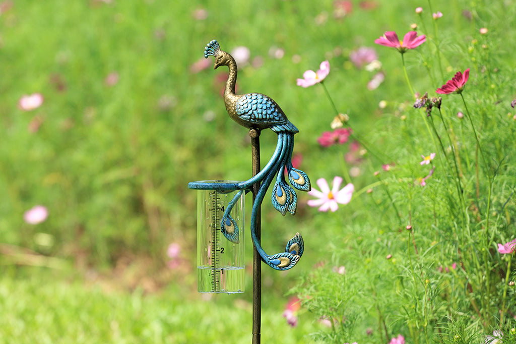 blue peacock rain catcher set in garden