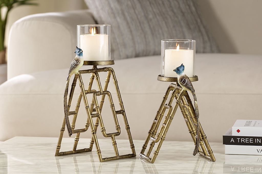 Set of two flycatcher candleholders one tall and one short