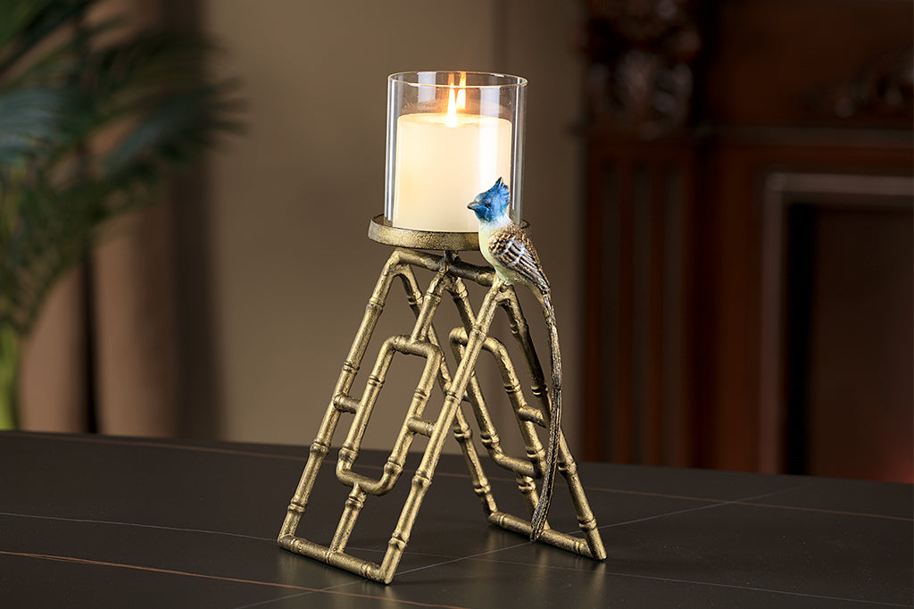 Asian theme candlestand cast to look like bamboo with perched bird
