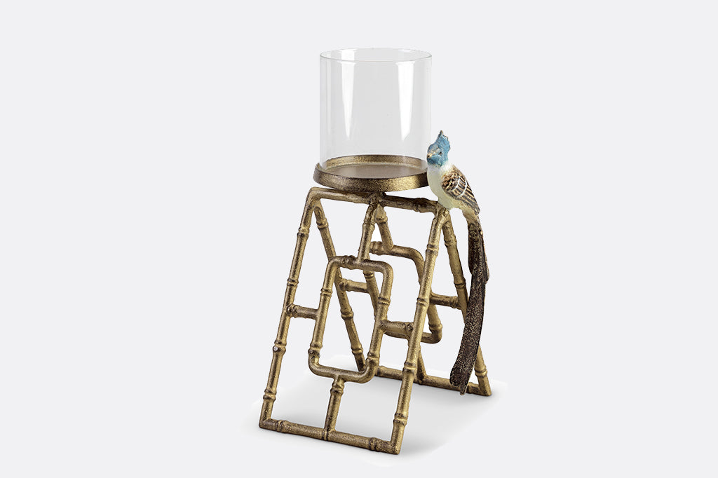 Asian theme candlestand cast to look like bamboo with perched bird