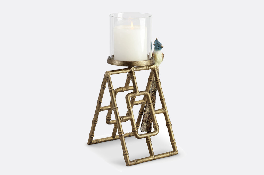 Asian theme candlestand cast to look like bamboo with perched bird