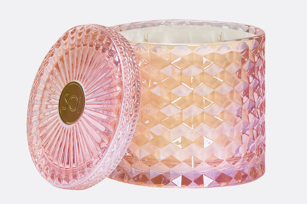soft pink/lavender reflective glass container with soi wax double wick candle