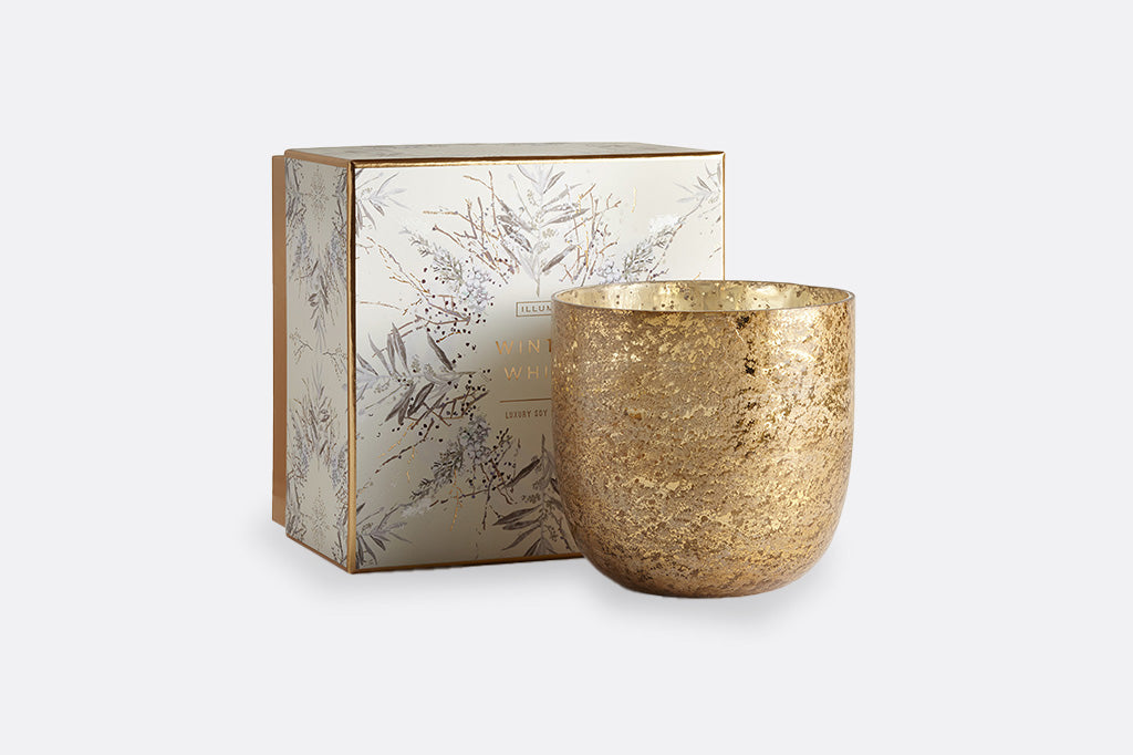 winter gold mercury glass candle set with holiday box 