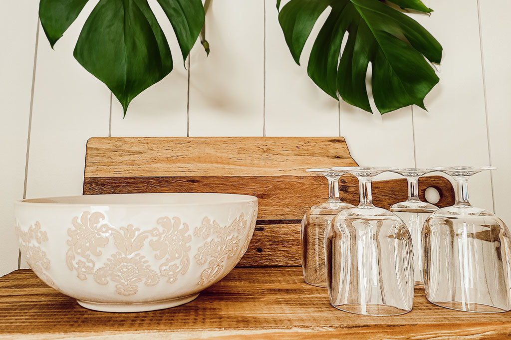 10" Damask serving bowl next to glass cups