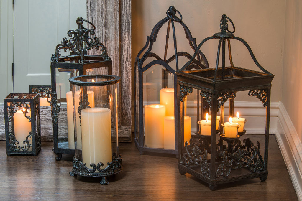 Palazzo Lantern Detail shown on floor of room with 5 other decorative garden lanterns
#color_bronze