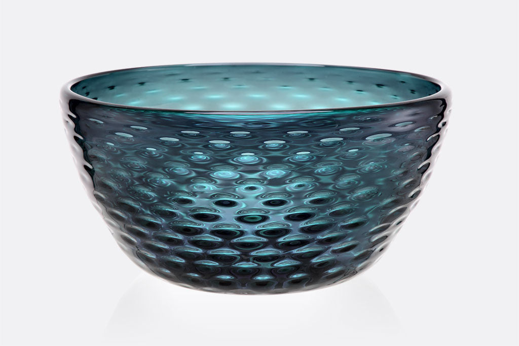 Great Sea Glass Bowl shows sea blue coloring and dimpled glass texture