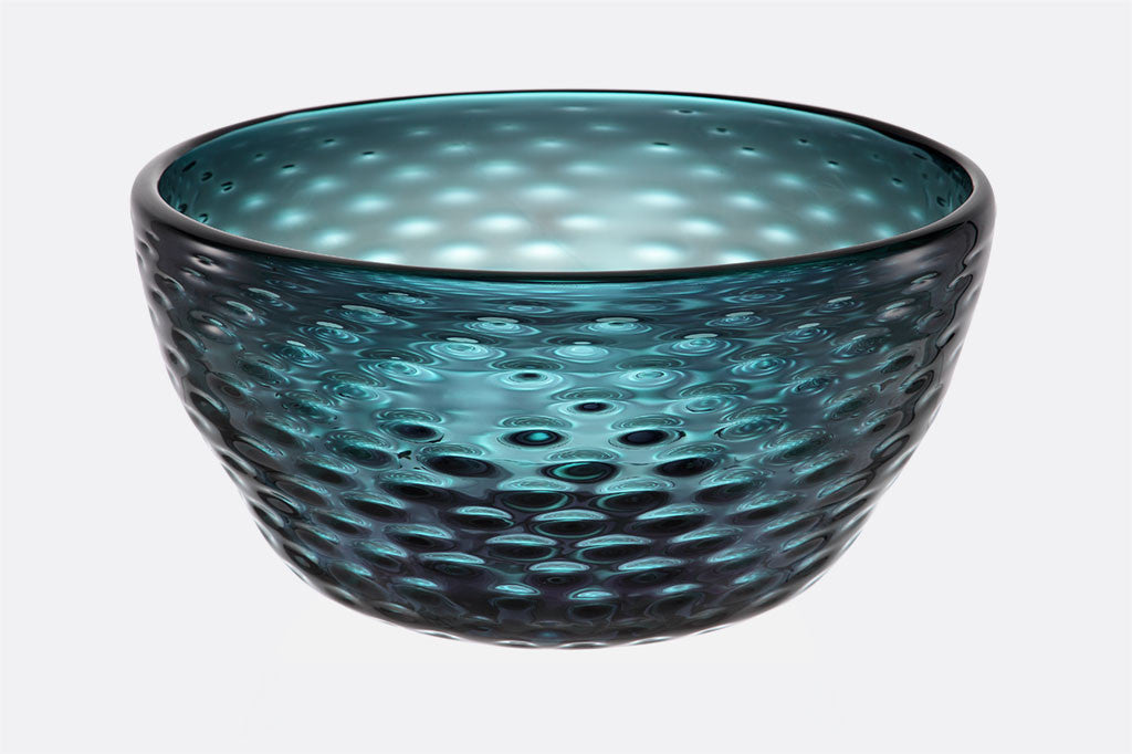 Great Sea Glass Bowl Large art glass basin shows sea blue coloring and dimpled glass texture
