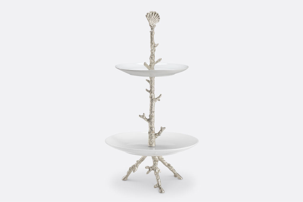 Pacifica Plate Stand features silver finish coral motif
