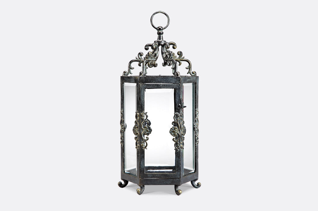 Rouleau Six Pane Lantern features elegant filagree scrollwork as accents to the large size