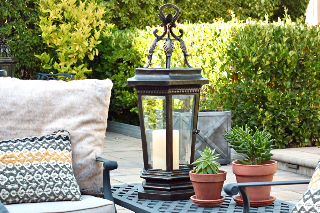 Acanthus garden lantern shown in garden