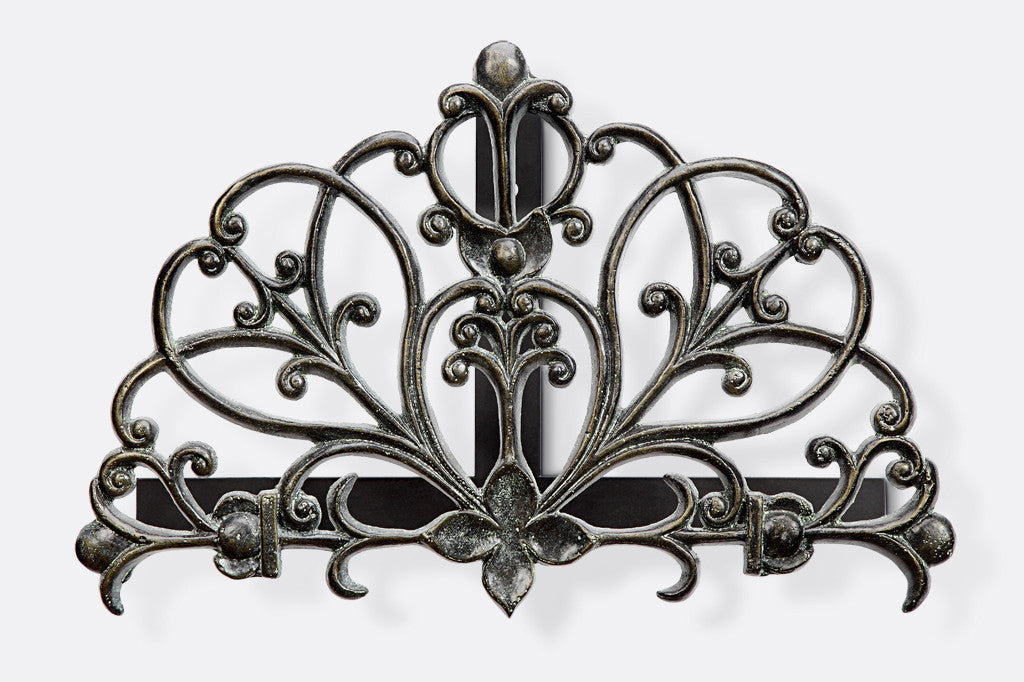 Rouleau Hose Holder Silhouette - features scrollwork in zinc colors on a wall mount to hold garden hose