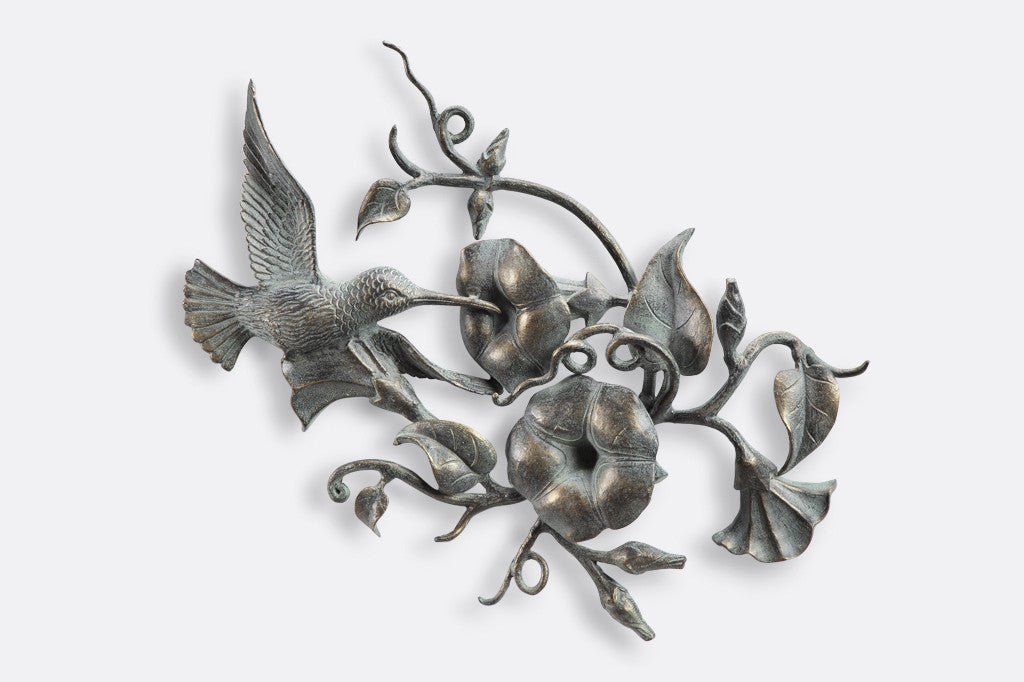 Hummingbird and Flowers Wall Plaque shows 1 hummingbird and 3 morning glory blossoms