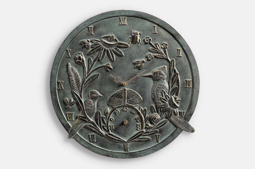 Jardin Outdoor Clock and Thermometer Outdoor sculpted metal clock & thermometer featuring birds, bugs, and blossoms