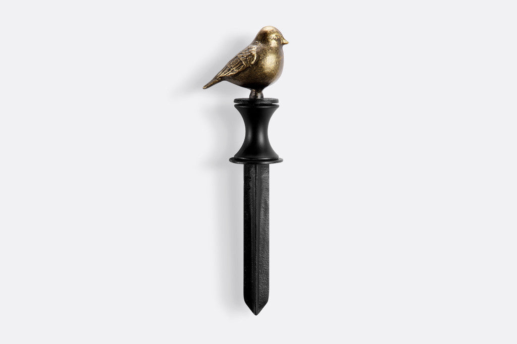 Perched Bird Hose Guard - one bronze bird on garden stake