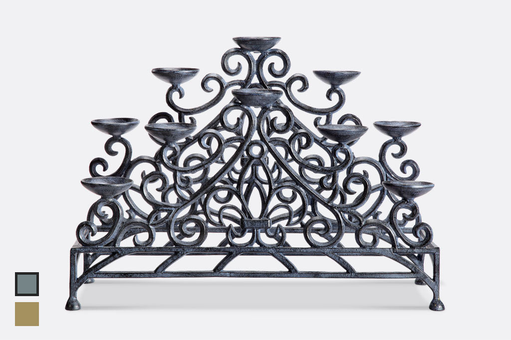 Stylized Fleur de Lys Fireplace Candelabra Zinc, shown without
candles
#color_zinc