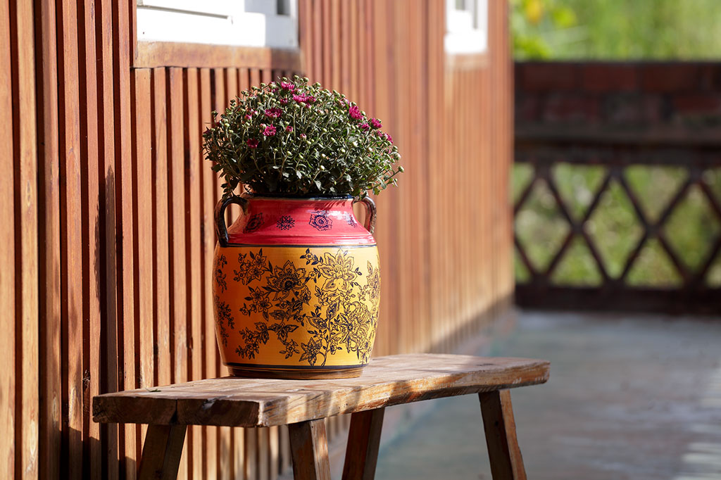 Melone e Oro Pot holds flowers in the sun on a wood bench