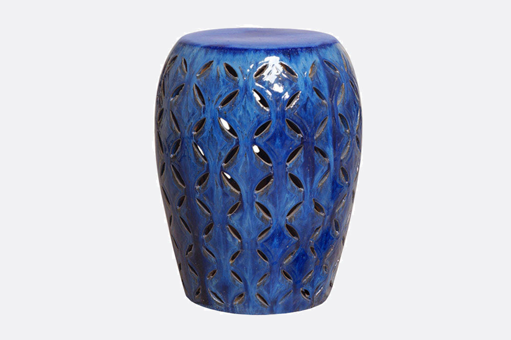 Blue Trafitto Garden Seat - ceramic with geometric pattern