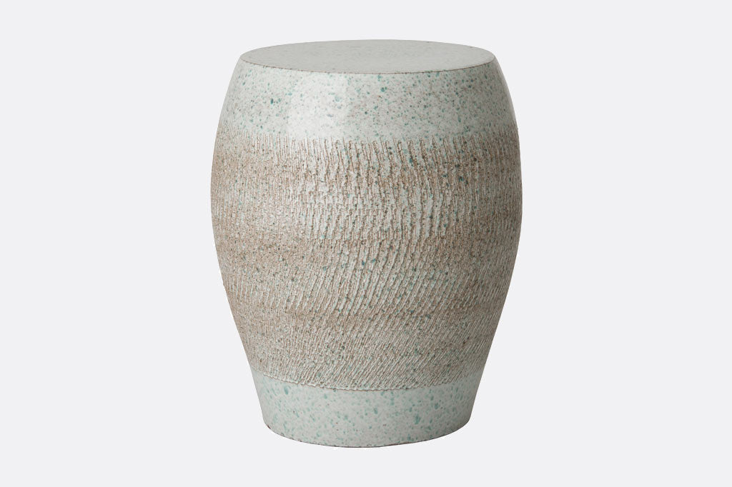 Aria Striato Garden Seat- textured ceramic base in cream with teal speckles